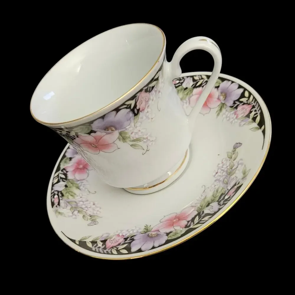 Imperial’s Fine China Universal Floral Cup & Saucer Pink Purple Flowers Set of 4